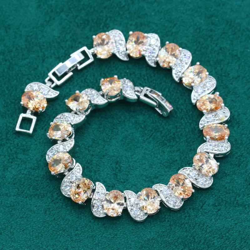 Silver Color Jewelry Set for Women Wedding Unique Champagne Zircon Bracelet Pierced Earrings Necklace Ring Gift Dubai