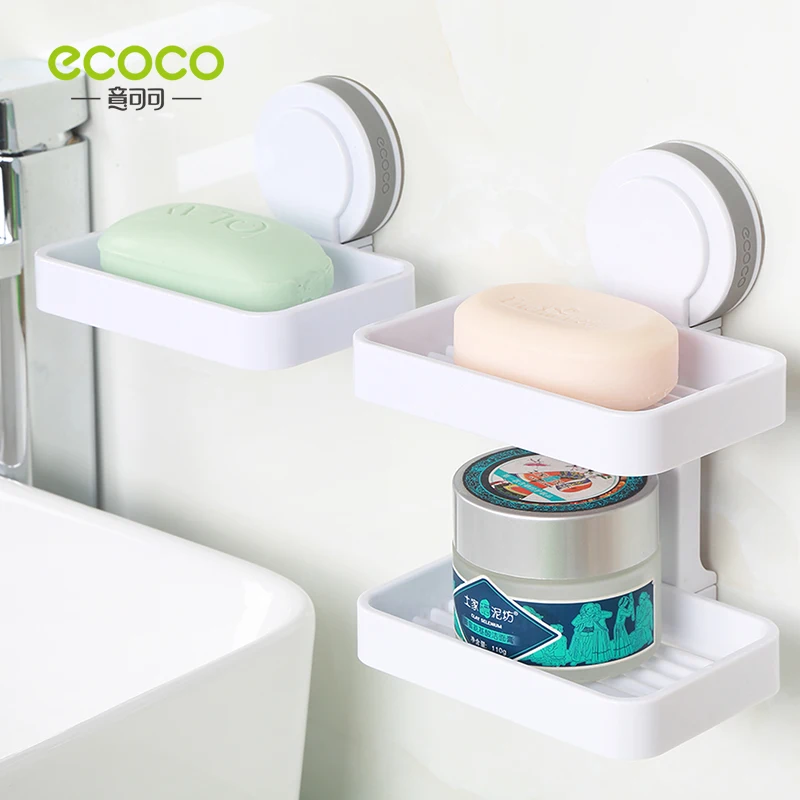 ECOCO Bathroom Suction Cup Soap Dishes Plastic Holders Wall-mounted Double-deck Creative Drainage Soap Storage Double Racks