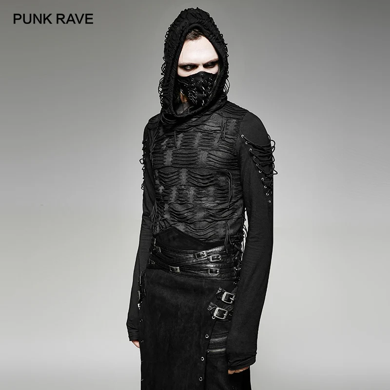 PUNK RAVE Men\'s T-shirt Punk Rock Cool Casual Gothic Novelty Long Sleeve Hooded Sweatshirt Streetwear Personality Tops