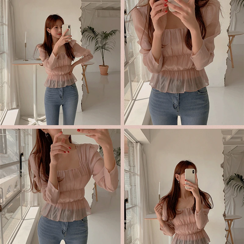 New 2021 Summer Autunm Women Blouses Fashionable Shirt Sweet Square Collar Elegant Wild Korean Lady Vintage Pink Tops BL3336