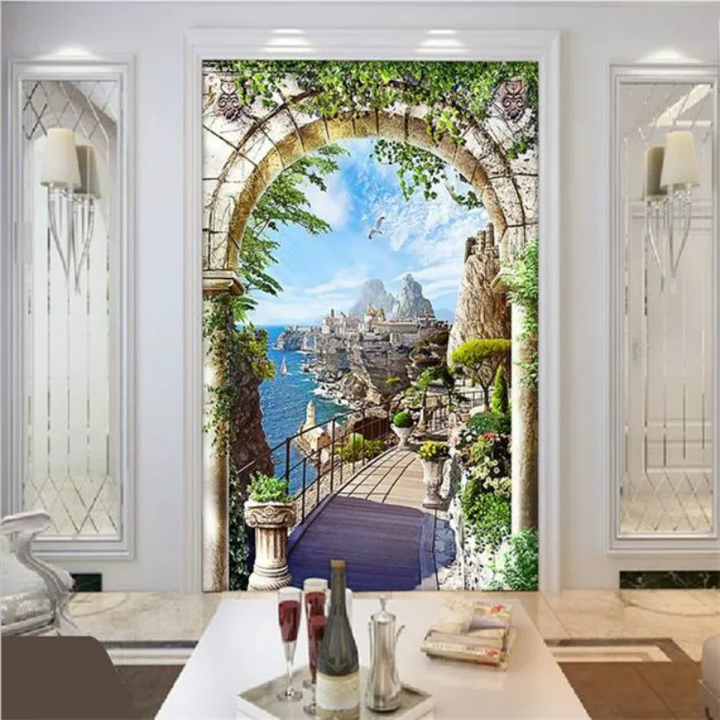 Custom 3D Continental Archway Entrance Seaside Landscape Mural Background Wallpaper Home Decor Papel De Parede Wall Paper