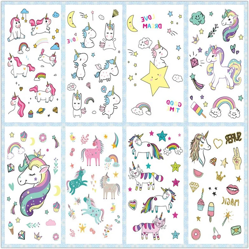 Rocooart-tatuaje de unicornio de dibujos animados para niños, tatuaje falso, tatuaje temporal, impermeable