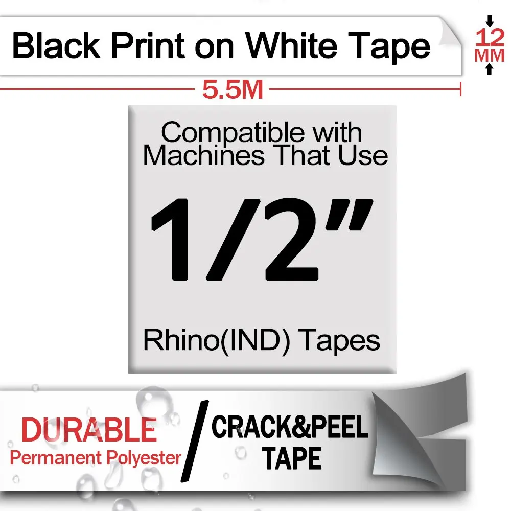 Fimax 1pcs 18482 18484 18483 Black on White 12mm Rhino IND Permanent Polyester Labels Dymo Industrial Label Makers RhinoPRO 4200