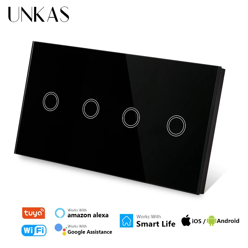 UNKAS 4 Gang Wifi EU Standard Touch Smart Switch Black Crystal Glass 157mm Panel Home Improvement Work Tuya Alexa / Google