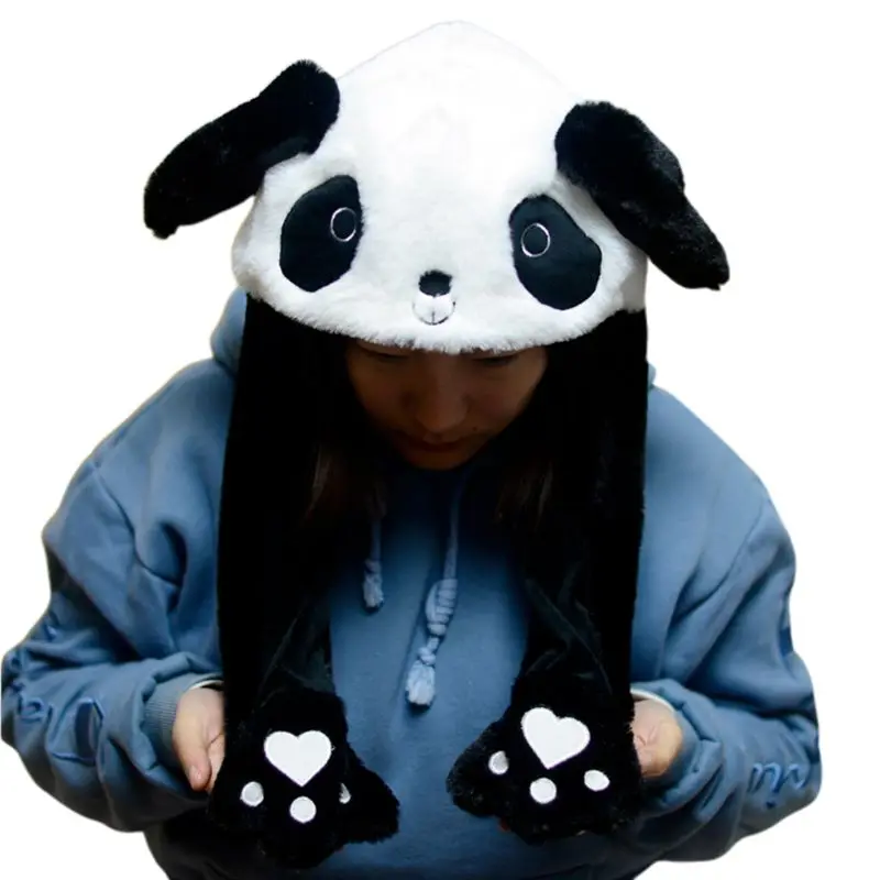 Children Adult Short Plush Cute 3D Cartoon Panda Animal Hat with Moving Ears Double Airbag Paws Warm Earflap Cap Toy Party Props