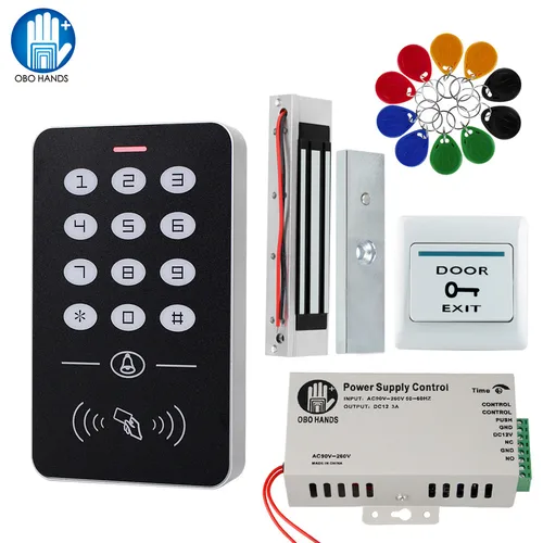 Kit de sistema de Control de acceso de puerta con manos OBO, teclado RFID + fuente de alimentación + cerradura magnética eléctrica de 180KG, cerraduras de puerta para el hogar