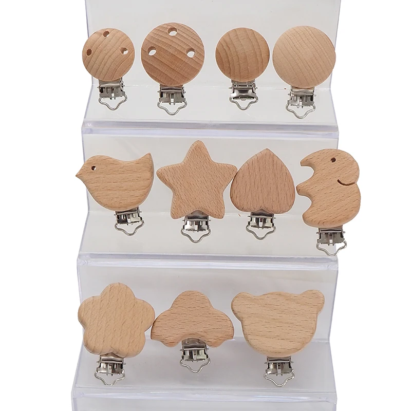 Chenkai 50PCS Wooden Bear Flower Car Heart Bird Elephant Round Star Clips BPA Free For DIY Baby Nature Pacifier Chain Gifts