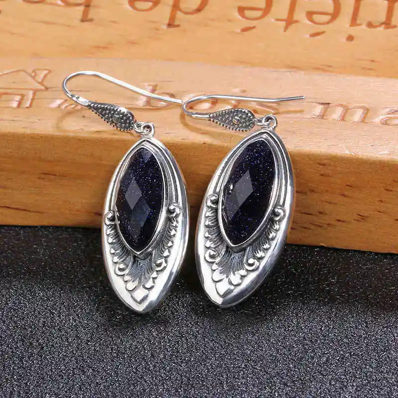 

ZHJIASHUN Vintage 100% 925 Sterling Silver Natural Sapphire Drop Earrings For Women Retro Blue Gemstones Earring Jewelry Female