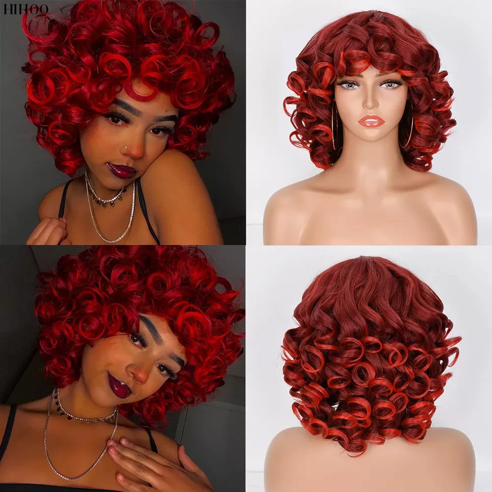 Short Hair Afro Kinky Curly Wigs With Bangs For Black Women Synthetic African Cosplay Natural Blonde Red White Pink Wig