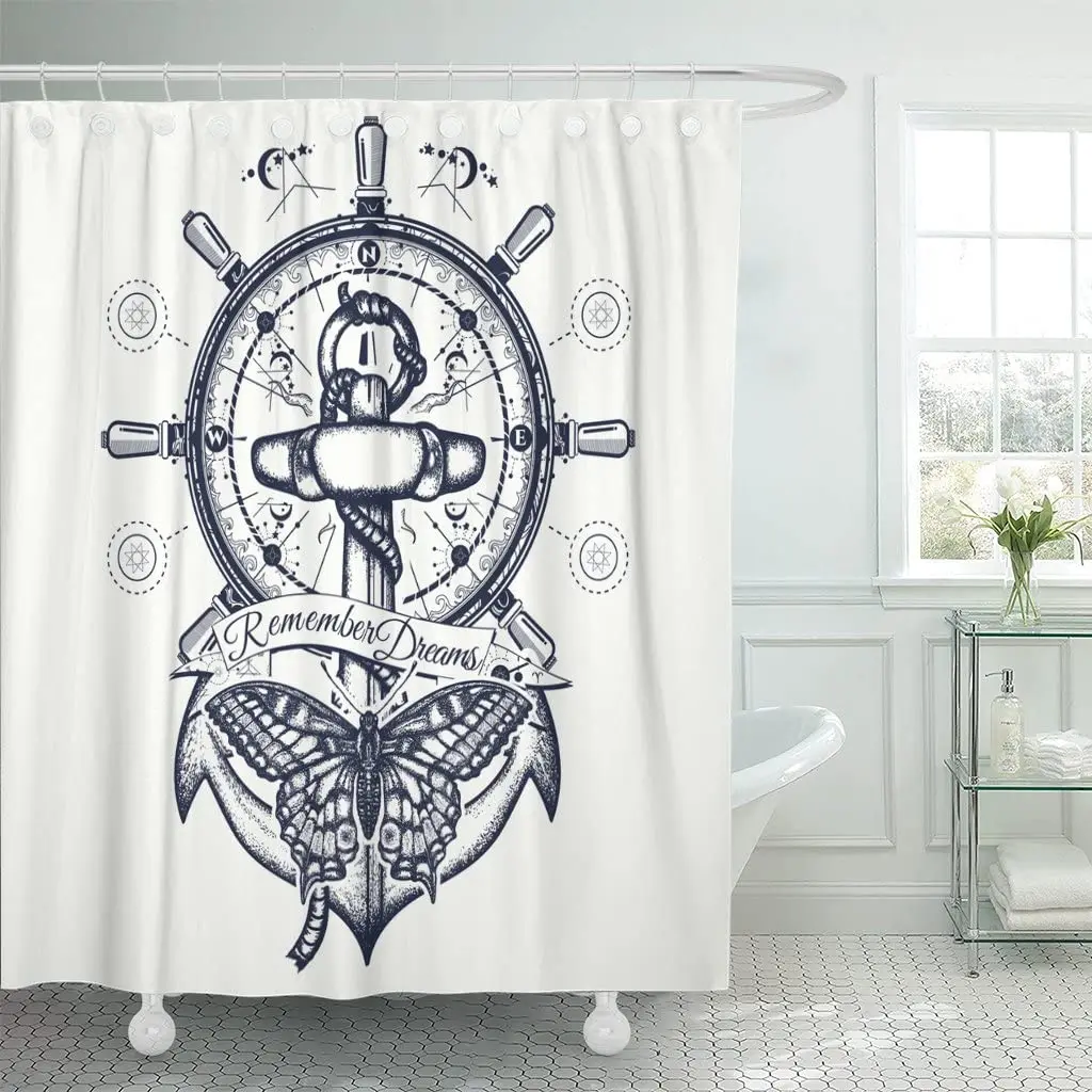 Anchor Steering Wheel Butterfly Tattoo Symbol of Freedom Marine Shower Curtain Waterproof Fabric 72 x 72 Inches Set with Hooks