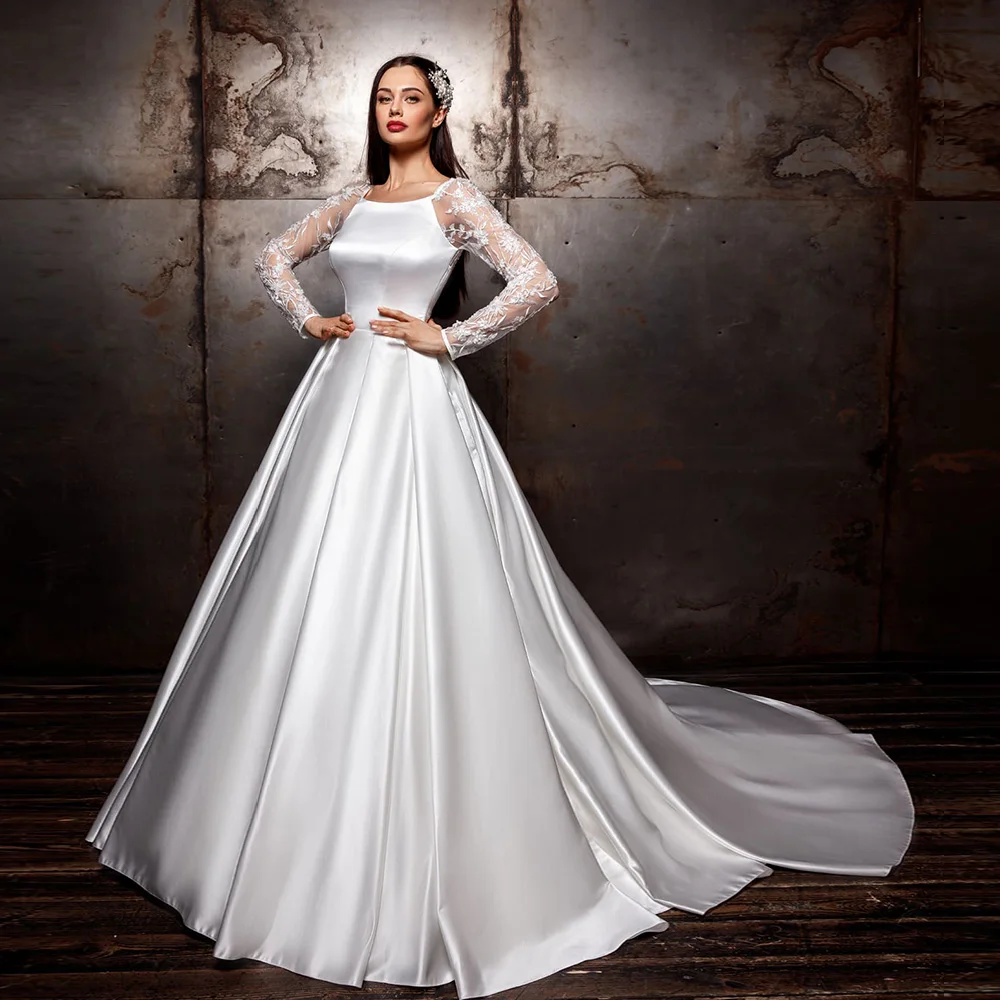 Customized Vestido De Noiva Long Sleeve Wedding Dress Satin Pearls Appliques Robe De Mariage Cut-Out Back Simple Abito Da Sposa