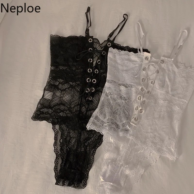 Neploe Sexy Lady Crop Tops Women Chic Lace Bandage Slim Fit Tees 2023 New Ropa Mujer Korean Temperament Y2k Fashion Camis Tanks