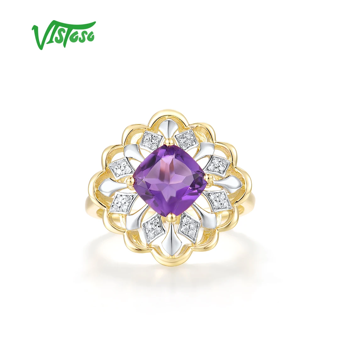 VISTOSO Genuine 14K 585 Yellow Gold Ring For Women Sparkling Amethyst  Diamond Flower Ring Luxury Glamorous Gift Fine Jewelry