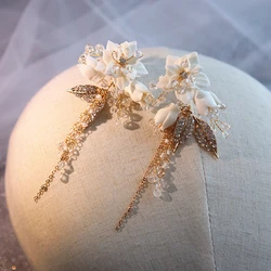 Handmade White Floral Bridal Drop Earrings Wedding Accessories Rhinestone Women Earring Jewelry