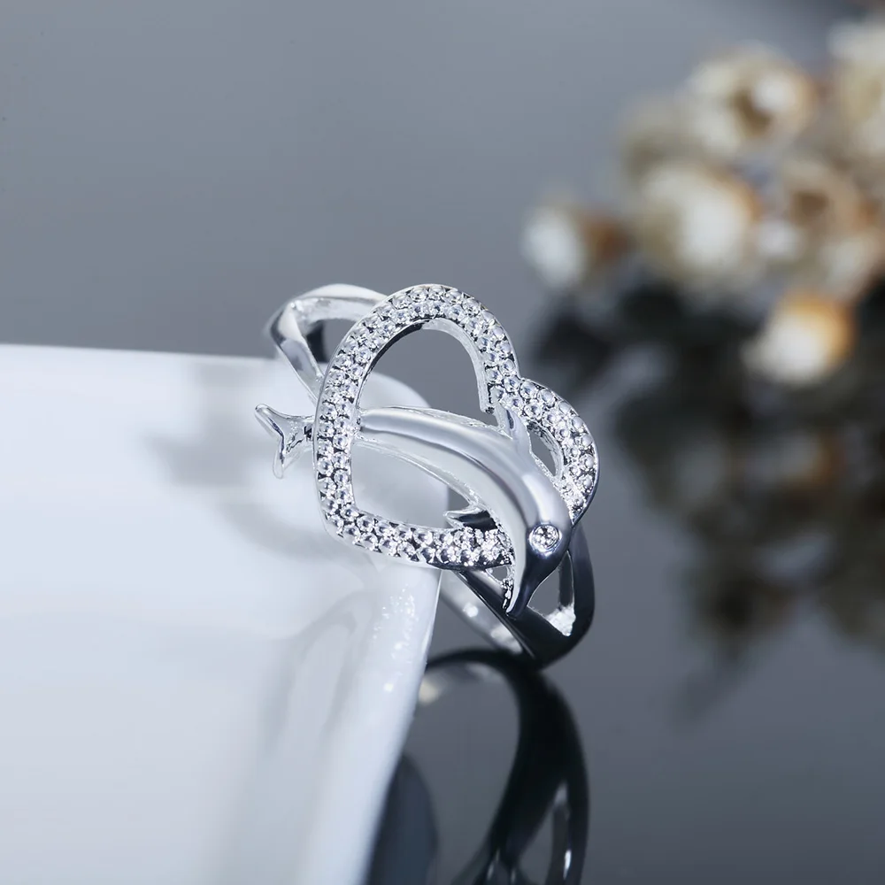 

DOTEFFIL 925 Sterling Silver Heart-Shaped AAA Zircon Dolphin Ring For Women Fashion Wedding Party Gift Charm Jewelry