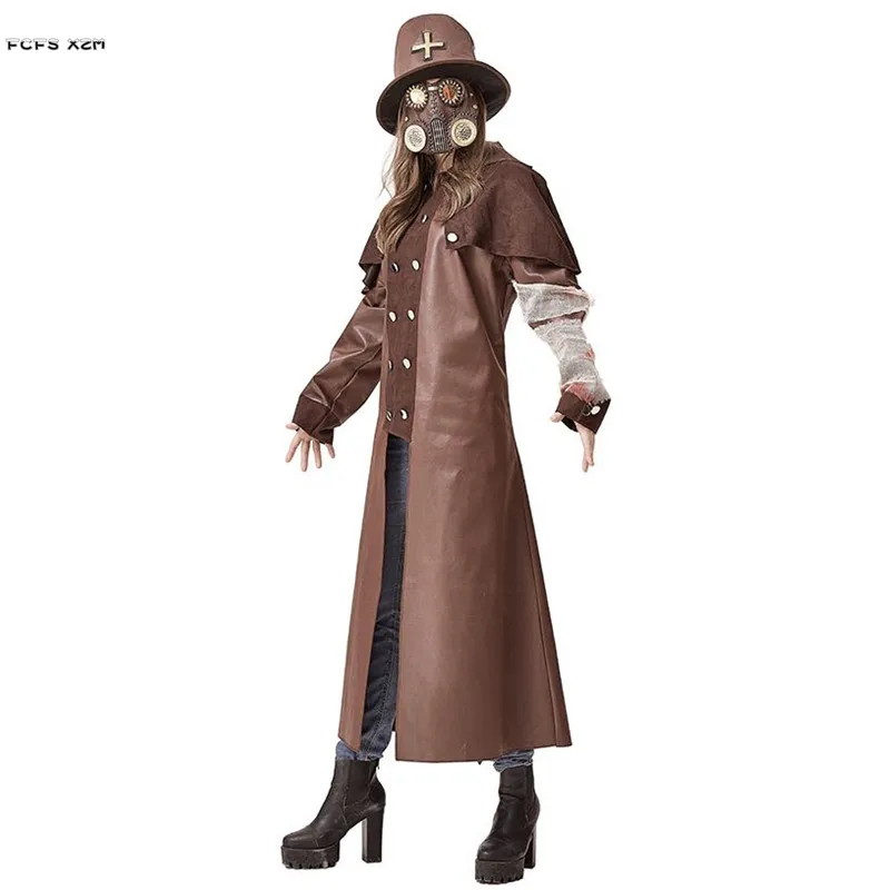 

Punk PU Coat Unisex Adult Halloween Plague Doctor Costumes Cursed Priest Reaper of the Dead Cosplay Carnival Purim Party Dress