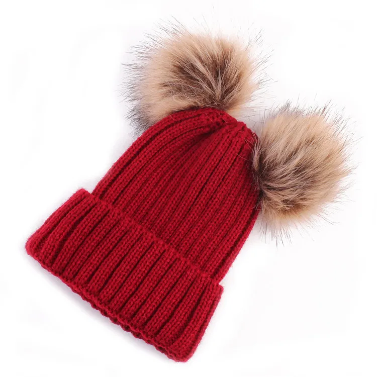 Women Winter Knitted hat Parent-child Baby Girl Cute Thick warm 2 Pom pom Beanies Cap Striped Skullies