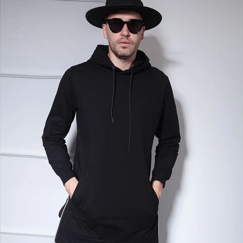 European and American street style solid color hooded long-sleeved hood side zipper mid-length slim-fitting jacket male versatil