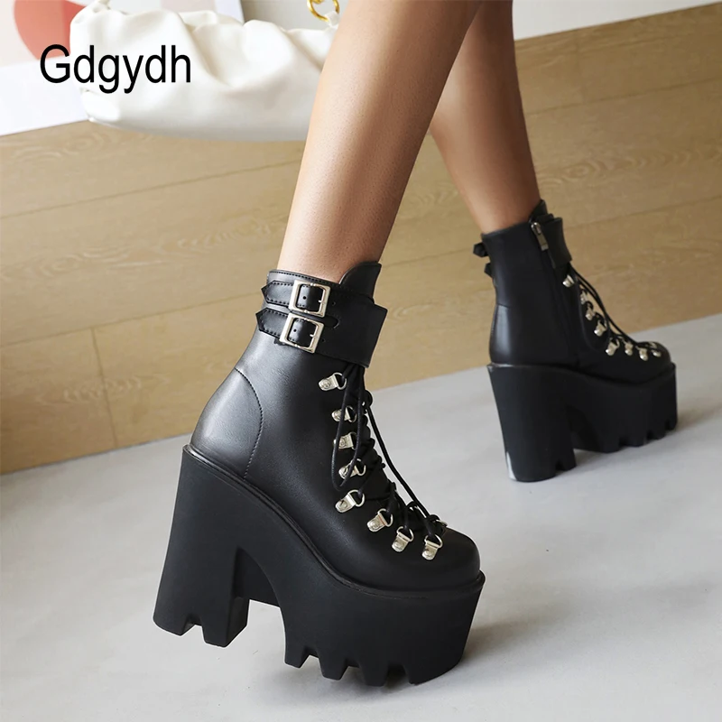 Gdgydh Belt Buckle Strap Ankle Boots Women Waterproof Platform Thick Bottom Too High Heels Boots Gothic Style Autumn And Winter