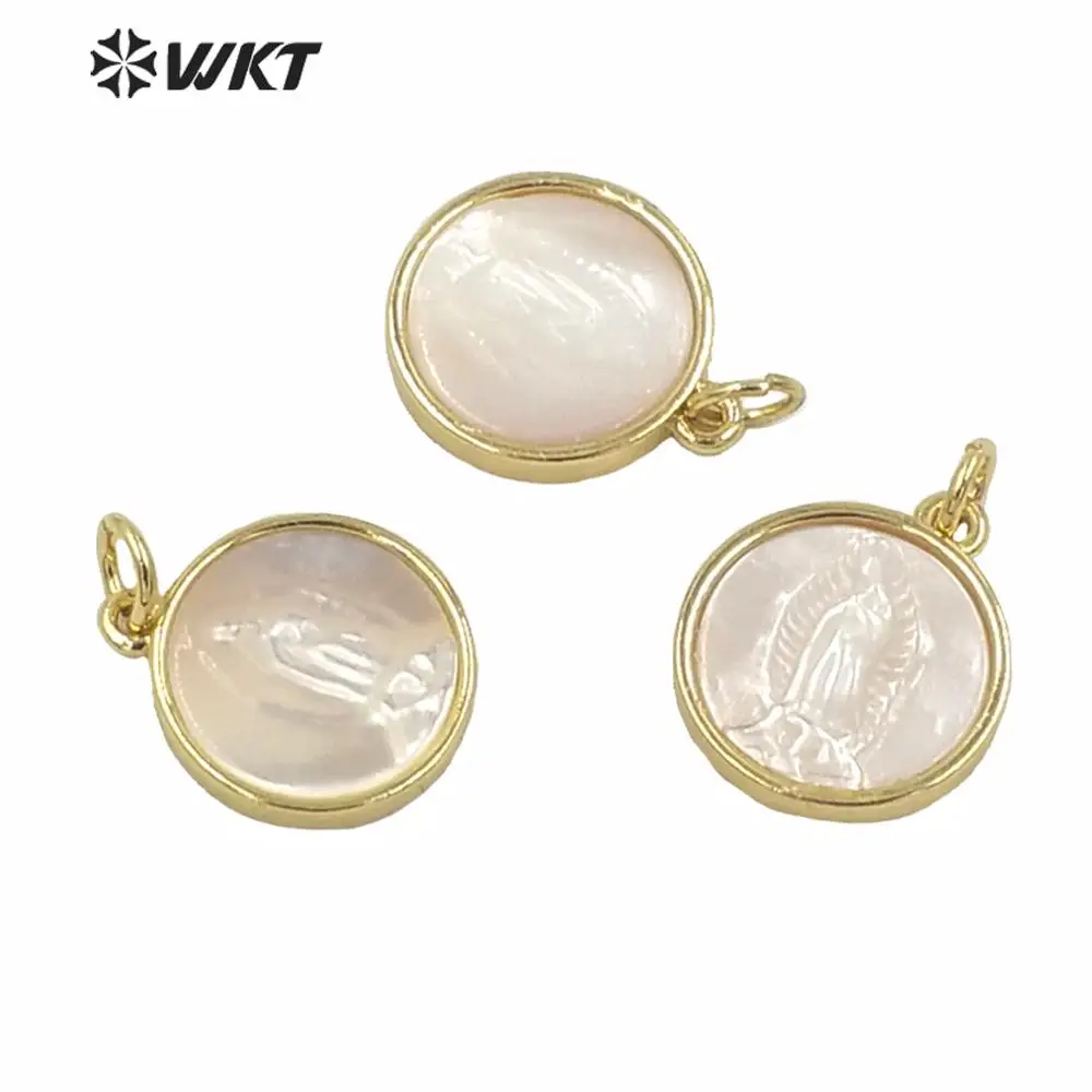 MP171 Wholesale Natural White Shell Pendant Gold Electroplated Religious Style Mother Virgin Mary Round Shape For Jewelry Making