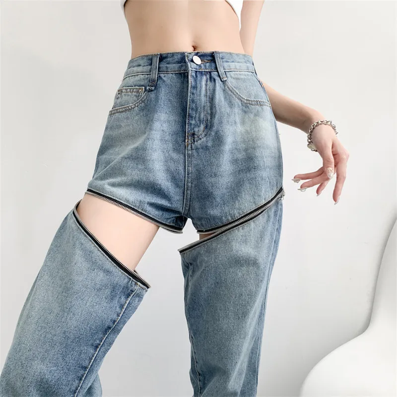 2021 Women Removable Jeans Pants Fashion Y2K Summer Shorts Blue Office Lady Straight Denim Pants Sexy High Waist Trousers P164