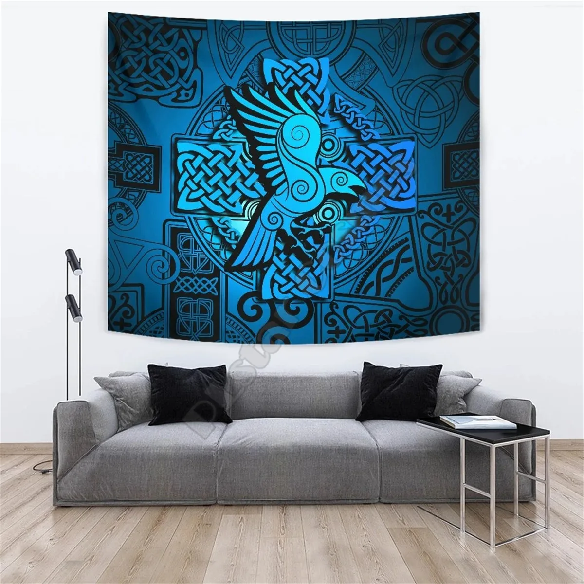 Viking Style Tapestry - Raven Odin Celtic Cyan 3D Printed Wall Tapestry Rectangular Home Decor Wall Hanging Home Decoration