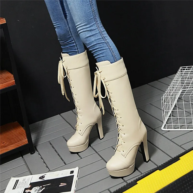 ANNYMOLI Winter Knee High Boots Women Lace Up Platform Block Heels Long Boots Fashion Extreme High Heel Shoes Ladies Big Size 43