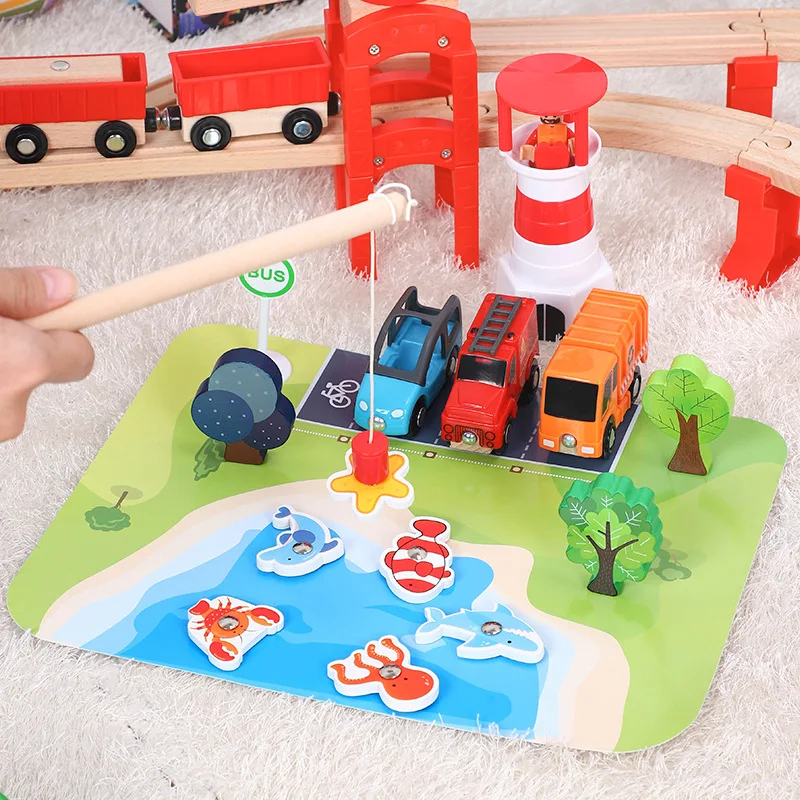 Juego de tren de tráfico de ciudad costera para niños, rompecabezas, coche de juguete, pista, Compatible con pistas de madera y coche eléctrico, PD32