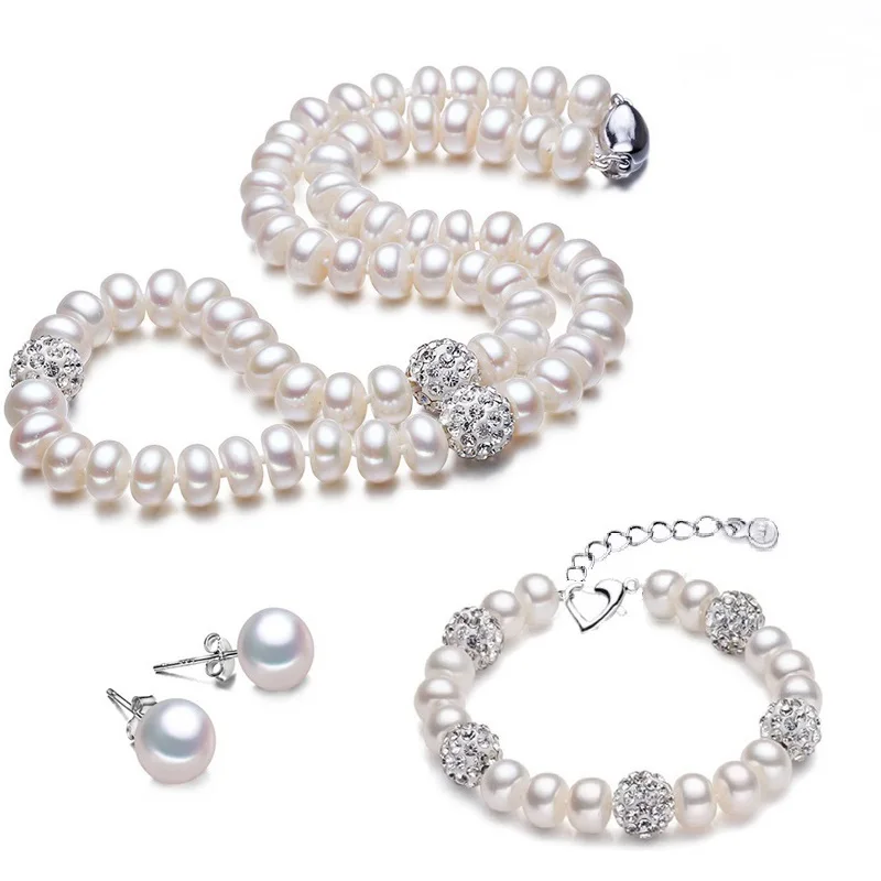 Classic Pearl Jewelry Sets Genuine Natural Freshwater Pearl Jewelry 925 Sterling Silver Earrings Bracelet Necklace For Women