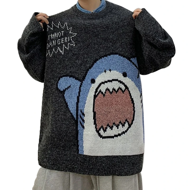 Women Men Cartoon Shark Print Sweater Round Neck Long Sleeve Oversized Pullover Top Harajuku Hip Hop Loose Knit Jumper