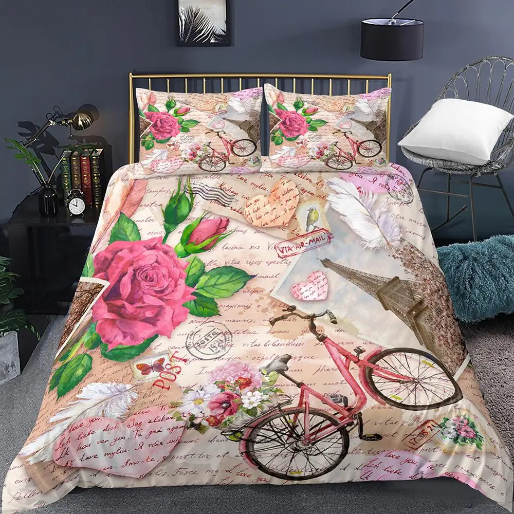 

Eiffel Tower Duvet Cover Queen Old Newspaper Bedding Set Retro Bicycle Flower Comforter Cover Paris France Printed Bedspread