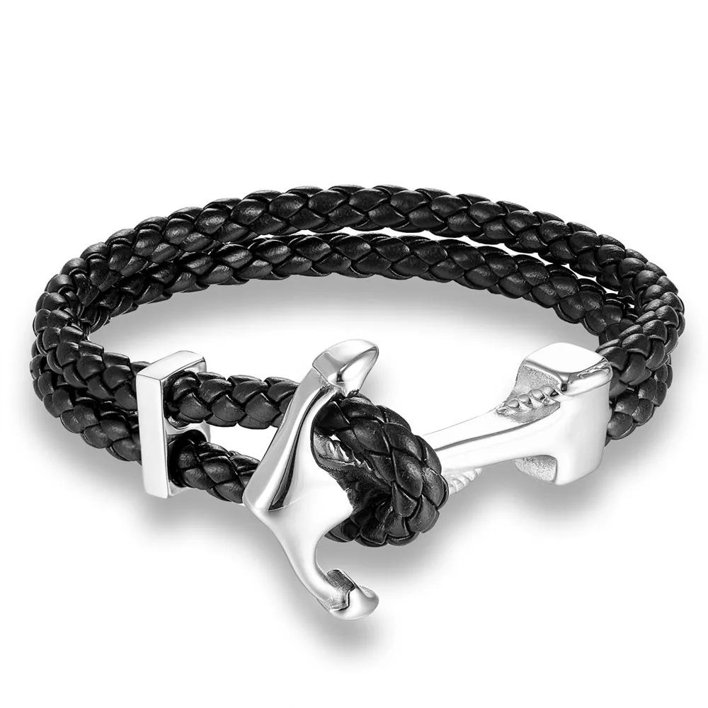 YIZIZAI New Arrival Hope Anchor Leather Bracelet Men Stainless Steel Charm Bracelets Wristband Fashion Jewelry Navy Style