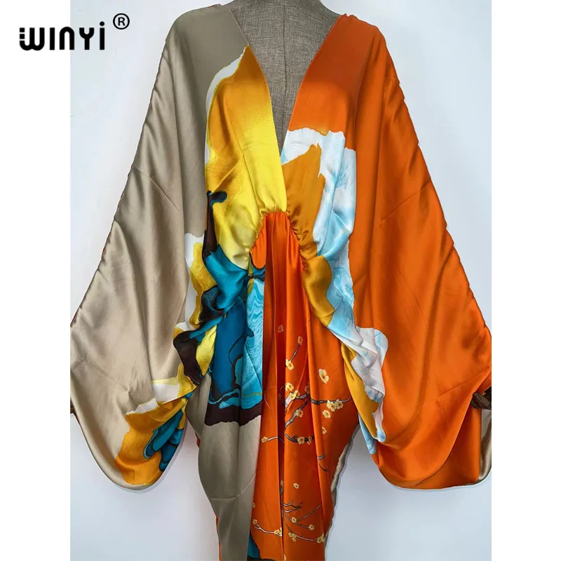 Sexy Beach High-Quality Hand-Rolled Feel Silk Rayon Fashion Print 2021 WINYI Maxi Women's Robes Long Beach V-Neck Bohemian Dress