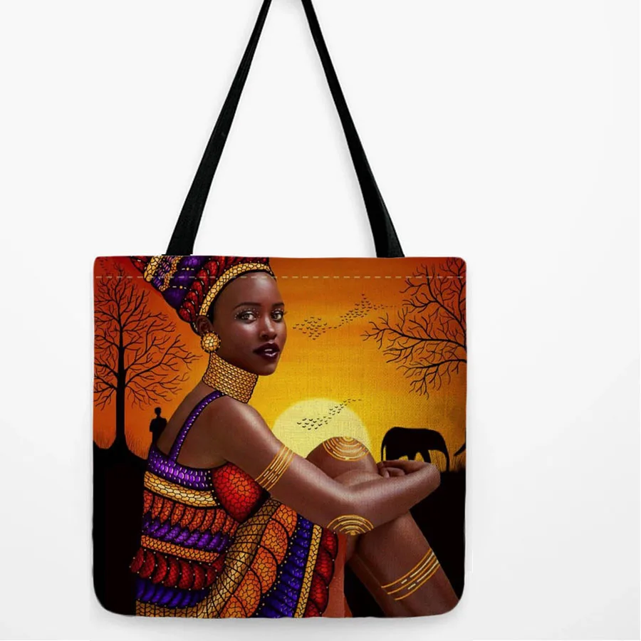 Africa Queen African Lady Woman Print Shoulder Shopping Bag Black Fashion Girl Art Water Resistant Cotton Linen Large Tote Bag