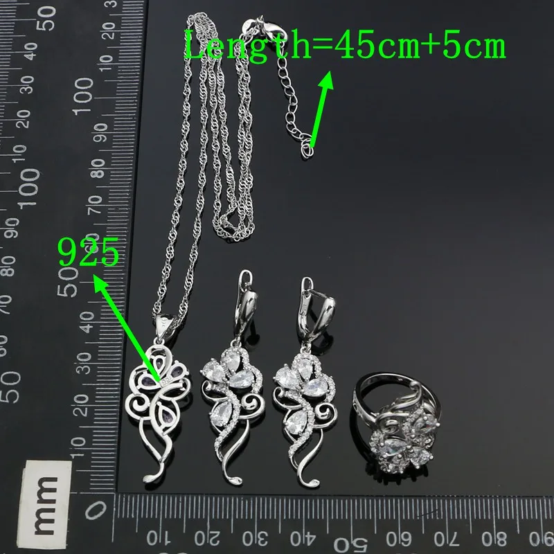 Silver 925 Jewelry Sets for Women White Crystal Earrings Necklace Pendant Ring Silver Set for Girl Party Accessories