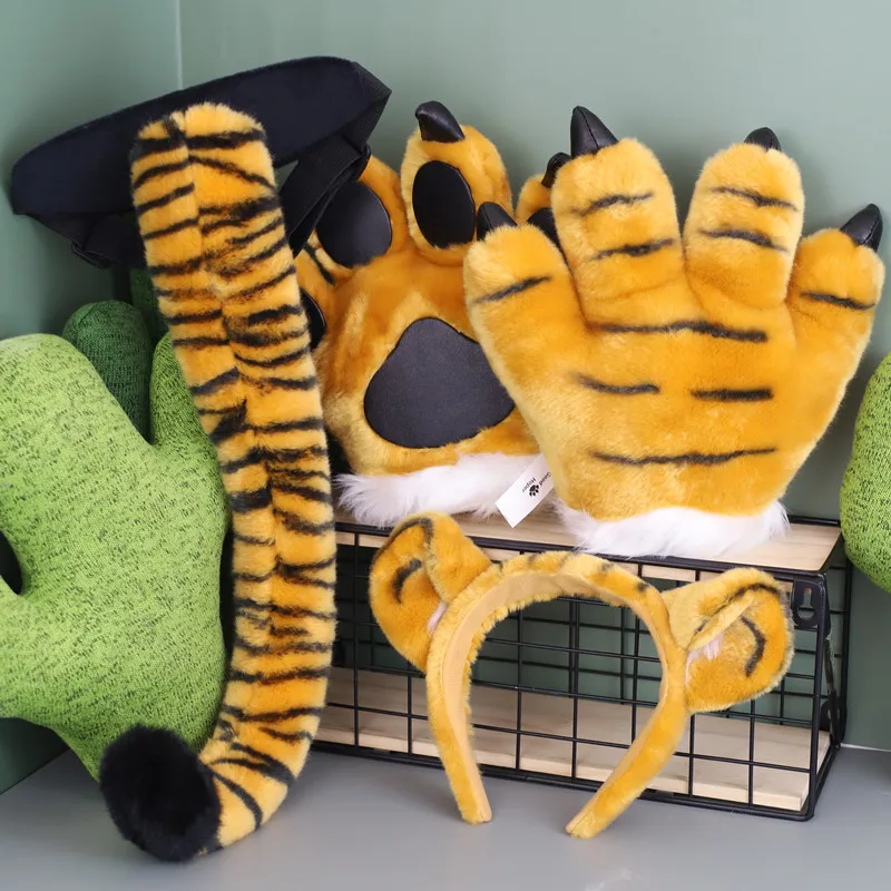 New Plush Tiger Dinosaur Leopard Lion Paw Claw Full Gloves Hair Hoop Tail Novelty Cosplay Halloween Party Costume Gift For Kids