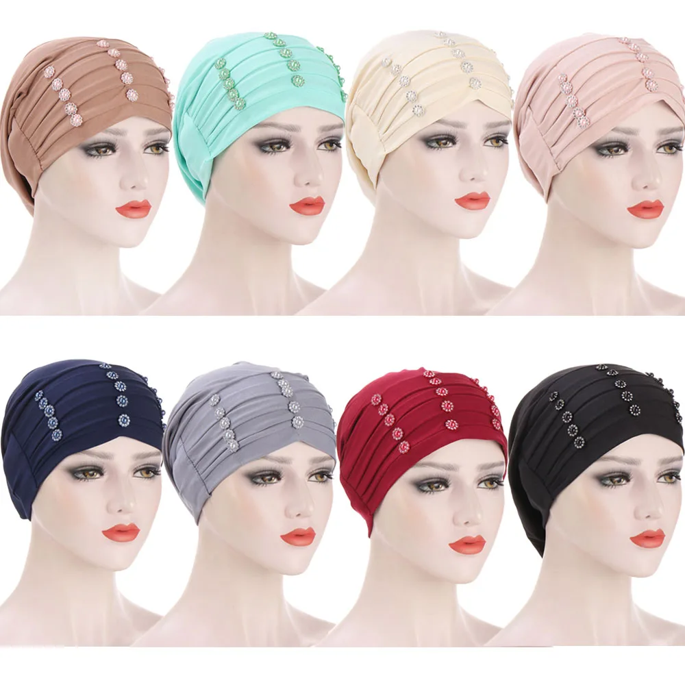 

Women Muslim India Cap Ladies Draped Hat Beanie Skullies Turban Chemo Cap With Flower Headwear Cancer Hat Inner Cap Solid Color