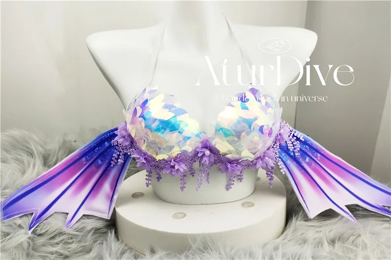 Custom large cup Sequin bikini wings wrap chest Mermaid fish tail performance clothes bar electric sound bar bra