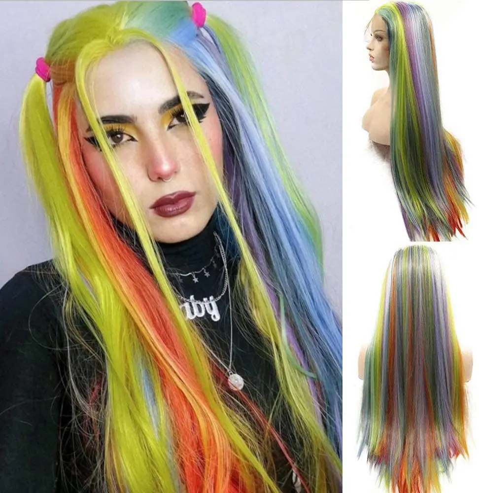 Rainbow Lace Front Wigs for Women Natural Looking Multiple color Long Straight Wig with Baby Hair Best Synthetic Hair 24 Inches