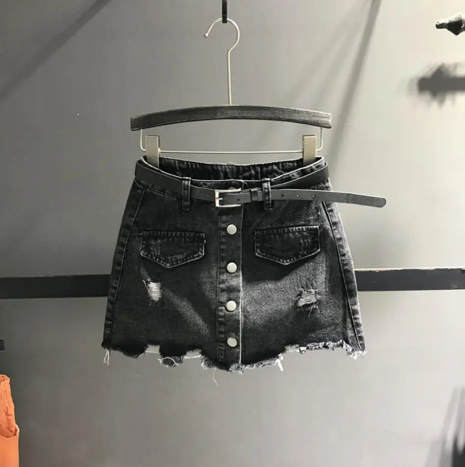 2020 Summer Black Gray denim skirt women fashion single breasted high waist holes short a-line skirt Anti-light r89