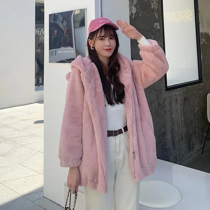 Autumn Winter 2024 Women Korean Loose Casual Hooded Waist Drawstring Faux Rabbit Fur Warm Soft Warmh Outerwear Kobieta Kurtka