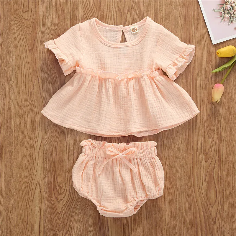 6 Colors Summr Toddler Newborn Baby Girls Cotton Linen Clothes Ruffles Short Sleeve T Shirts+Shorts 2pcs Infant Clothing Outfits