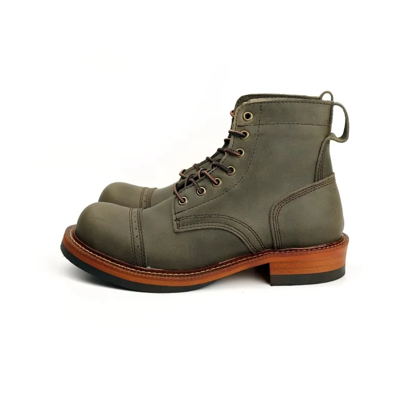 Botas de cuero de vaca hechas a mano para hombre, botines de punta redonda con alas, Estilo Vintage japonés, para motocicleta, invierno, novedad