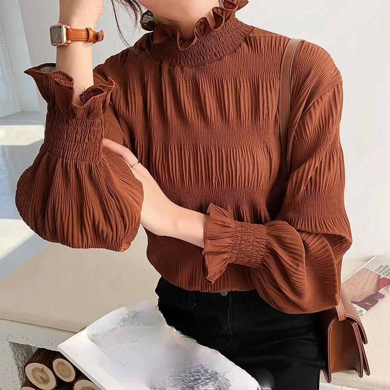 

Elegant Long Sleeve Blouse Korean Women Half Turtleneck Plus Size 4XL Shirts French Temperament Casual Oversized Tops Blusas