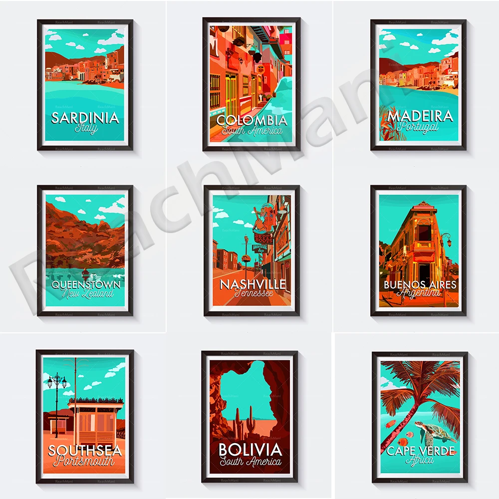 Vintage South Seas Portsmouth, Africa, Madeira, New Zealand, Italy, Nashville, Tennessee, San Diego, California travel poster