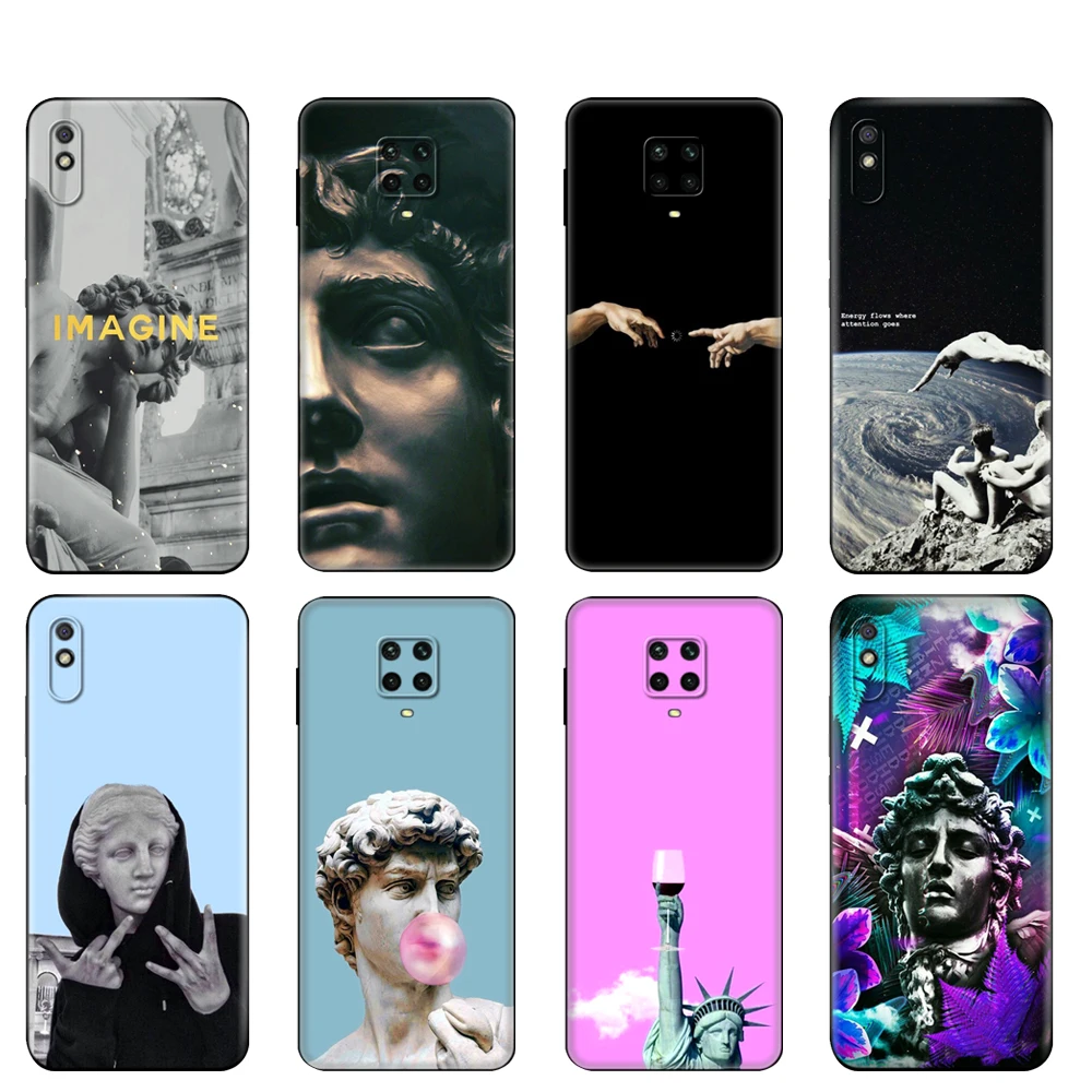 Black tpu Case For Xiaomi Redmi 7A 8 8A 9 9A 9C Note 8T Note 8 Pro T For Redmi Note 9 9S 9 Pro cover Retro Vintage Art Statue