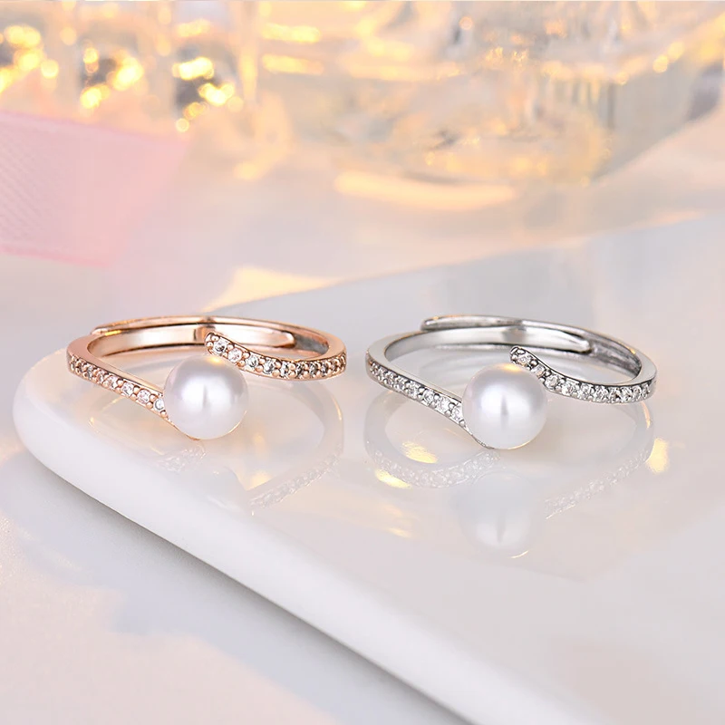 Fashion Pearl Rings 925 Silver Jewelry with Zircon Gemstones Open Finger Ring Fine Accessories for Wedding Engagement Party Gift