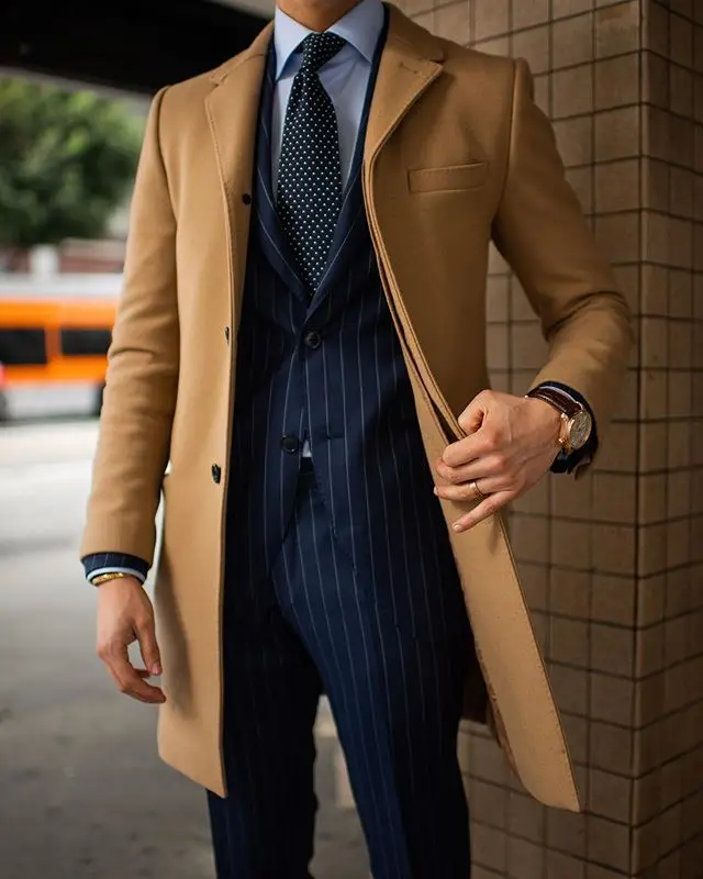 Aangepaste Mode Lichtbruine Warme Heren Lange Jas Pakken Hoge Kwaliteit Mannen Smoking Mannen Prom Diner Blazer Pak Slechts Een Jas