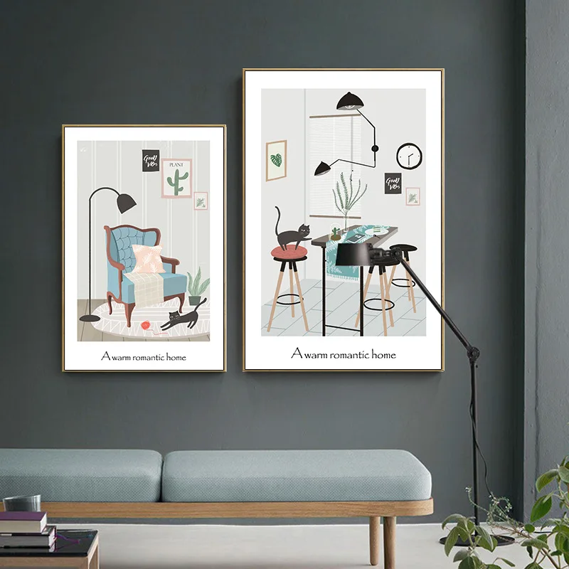 Cartoon Prints Modular Poster Picture Wall Art Canvas Painting black cat sofa chair awarm romantic home Nordic Style Home Decor