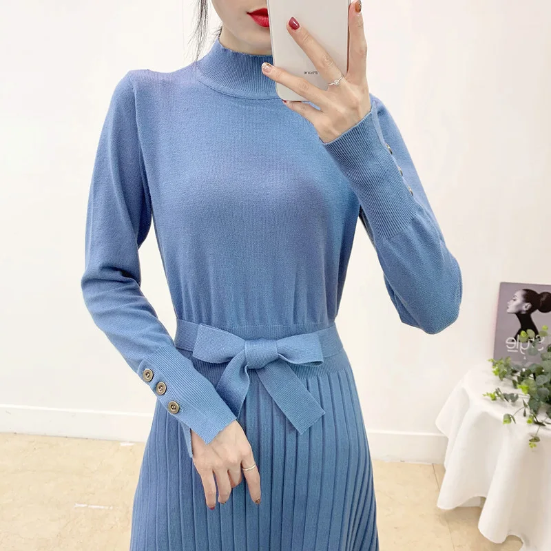 

Turtleneck Knitted Long Women Dress 2020 Autumn Winter Warm Dress With Sashes A Line Pullover Casual Sweater Dresses Pull Female